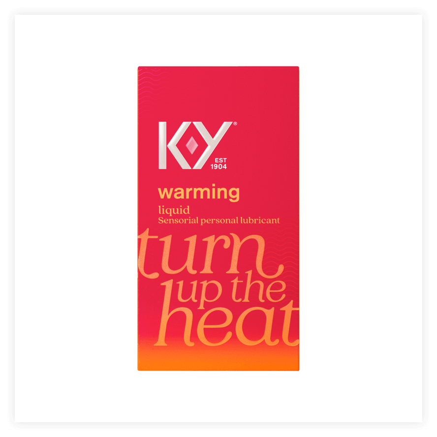 Front packaging of the sensorial K-Y® Warming Liquid Personal lubricant made to turn up the heat.