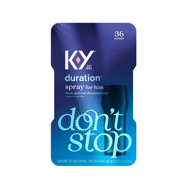 The 'don't stop' K-Y® Duration Male Genital Desensitizing Delay Spray packaging. 