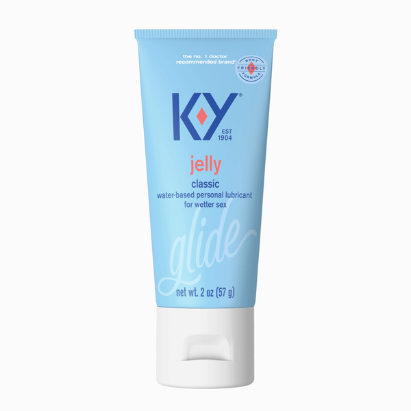 The front of the 'glide' K-Y® Liquid Classic Jelly Water-Based Personal Lubricant squeeze bottle. 