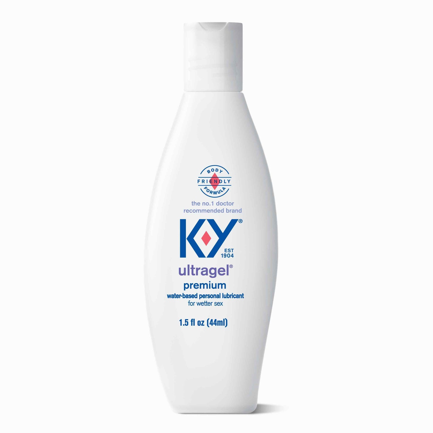 The front of the 1.5 oz. K-Y® Ultragel Premium Water-Based Personal Lubricant bottle.