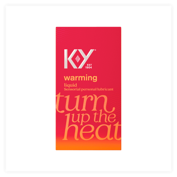 Front packaging of the sensorial K-Y® Warming Liquid Personal lubricant made to turn up the heat. 