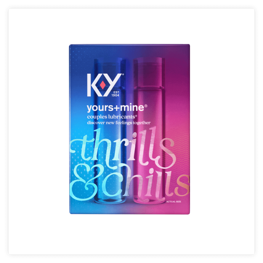 Front packaging of the K-Y® Yours + Mine Couples lubes made for discovering new feelings together.