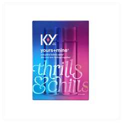 Front packaging of the K-Y® Yours + Mine Couples lubes made for discovering new feelings together.