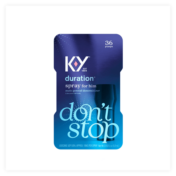 The 'don't stop' K-Y® Duration Male Genital Desensitizing Delay Spray packaging. 