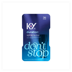 The 'don't stop' K-Y® Duration Male Genital Desensitizing Delay Spray packaging. 