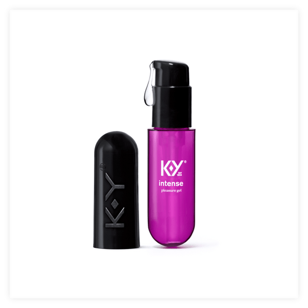 K-Y® Intense Pleasure Gel Lube bottle with cap off and lube dripping out of the top. 