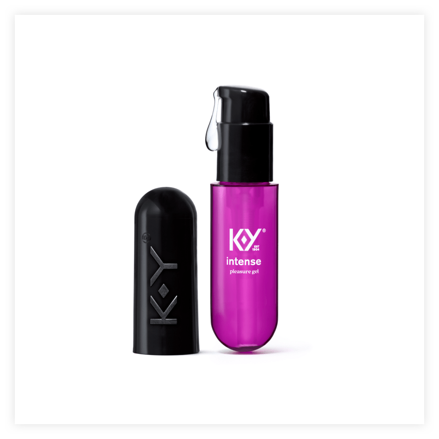 K-Y® Intense Pleasure Gel Lube bottle with cap off and lube dripping out of the top. 