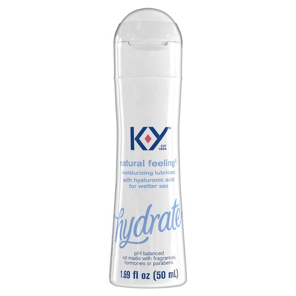 The front of the 1.69 oz. 'hydrate' K-Y® Natural Feeling Moisture Plus Lubricant flip-top bottle.