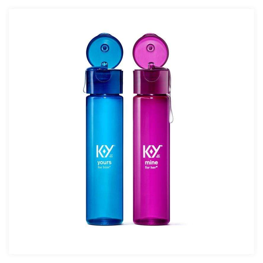 The two personal lubricants in the Yours + Mine couples lube set with the top of each bottle open. 